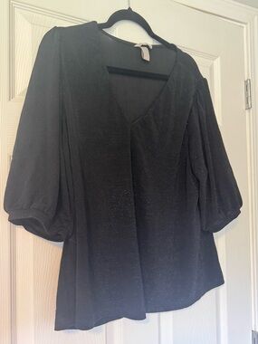 H&M Black Shimmer V-Neck Puff Sleeve Blouse
